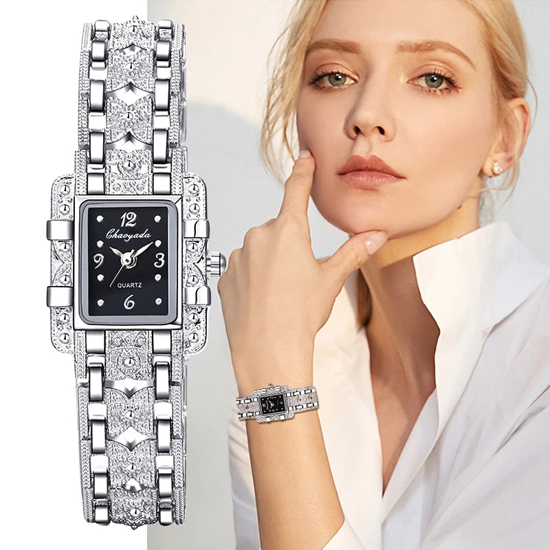 Reloj para Mujer de Acero Inoxidable - Esfera Rectangular, Cristales Decorativos, Diseño Moderno y Elegante, Movimiento de Cuarzo