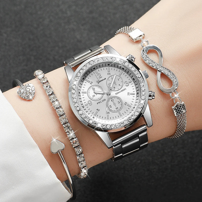 Reloj de Moda para Mujer en Color Plata – Acero Inoxidable, Cuarzo Preciso y Set de Joyería con Pulsera de Perlas