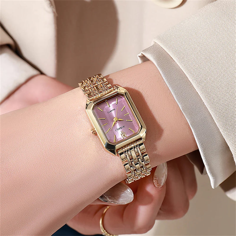 Reloj de Lujo para Mujer – Diseño Cuadrado en Oro, Movimiento de Cuarzo y Correa de Acero Inoxidable