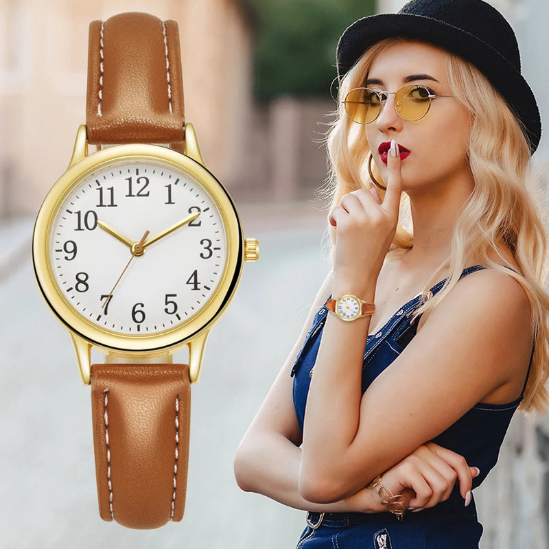 Reloj de Moda Casual para Mujer – Diseño Minimalista, Números Grandes, Correa de Cuero PU y Colores Vibrantes