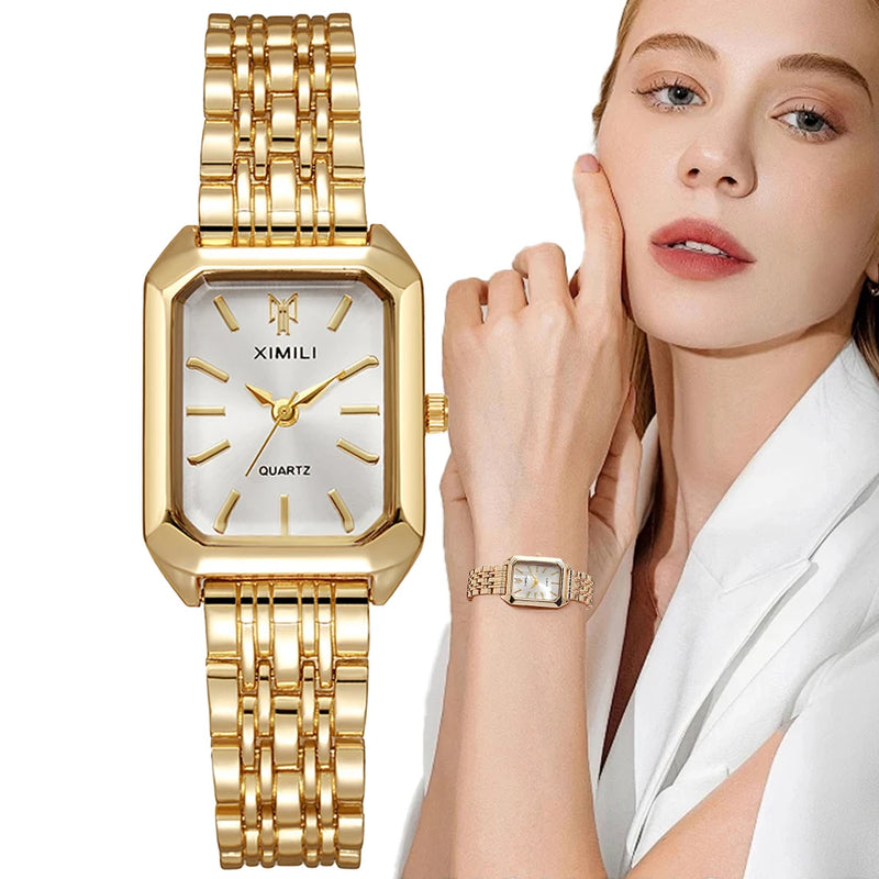 Reloj de Lujo para Mujer – Diseño Cuadrado en Oro, Movimiento de Cuarzo y Correa de Acero Inoxidable