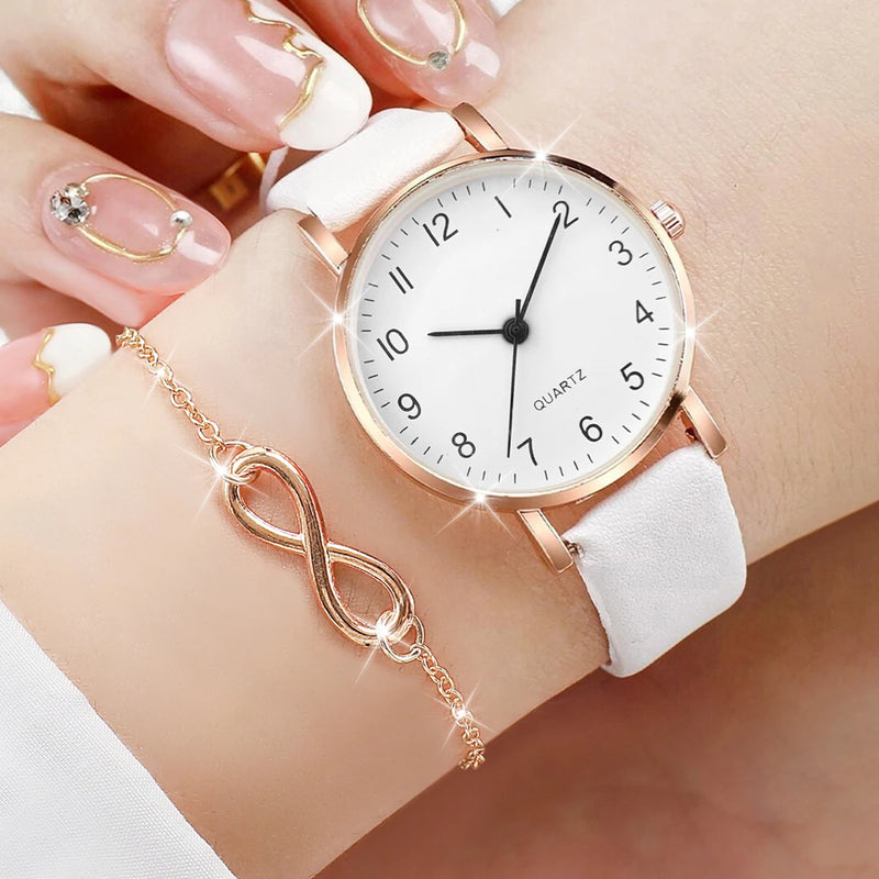 Set de Reloj para Mujer 3 en 1 - Reloj de Cuarzo con Pulsera de Cuero + Brazalete + Collar Número 8, Regalo Perfecto